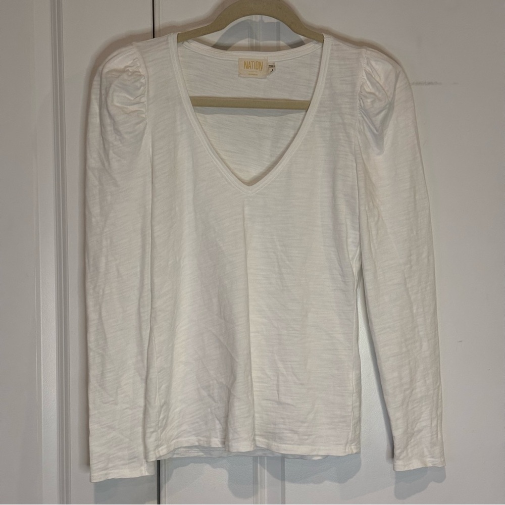 Nation LTD Elizabeth White Cotton V-neck Puff Shoulder Long Sleeve Top XS